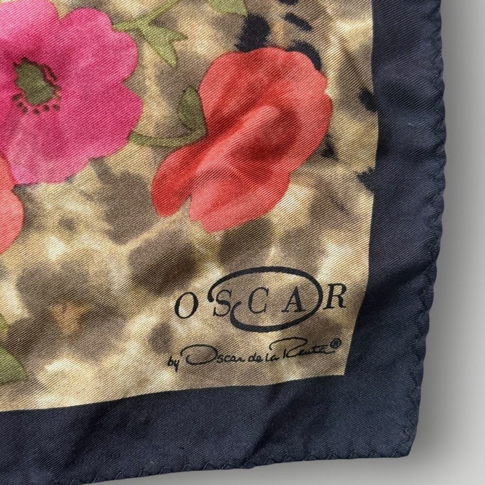 Vintage Oscar by Oscar de la Renta 100% Silk Scarf Leopard Floral Pink Roses - Picture 3 of 9